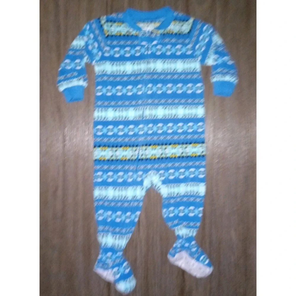 Carter's Unisex 12M Blue Patterned Fleece Zipper Long Sleeves Footie Pajama